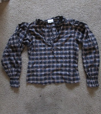 Women's GANNI Seersucker Check Plaid Top in Brown and Black, Size 36 (S/M) Y2K