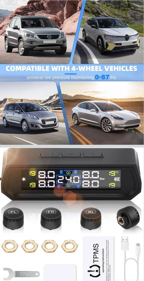 Wireless Solar TPMS LCD Car Tire Pressure Monitoring System + 4 External Sensors - Image 2 of 4