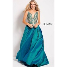 JOVANI Elegant Teal Gown with Beaded Bodice