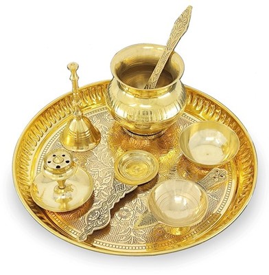 8 Inch Brass Pooja Puja Thali Set Pital Plate Kalash Arti Diya Mandir Gift