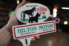 Rare 1936 Ford V8 Hilton Motor Denver Stamped Painted Metal Topper Sign Gas Co