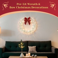 24in Christmas Wreath Pre-Lit with Lights, Bows for In/Outdoor Holiday Decor