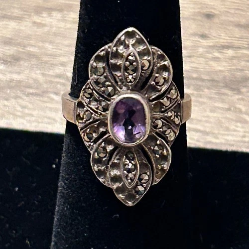 Vintage Sterling Silver 925 Amethyst & Marcasite Statment/Cocktail Ring