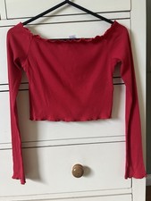 H&M Divided Red Ribbed Off-The-Shoulder Crop Top Size XS