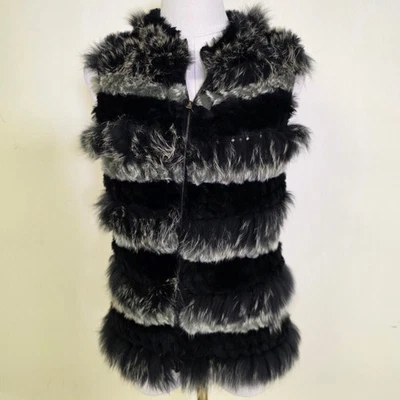 Adrienne Landau Fur Vest Black Gray Striped Fox Rabbit Womens Medium Excellent - Image 1 of 4