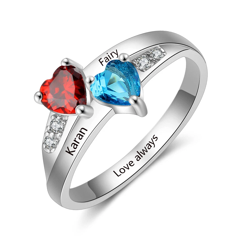 Personalized Engraved Sterling Silver Ring 2 Heart Birthstone Name