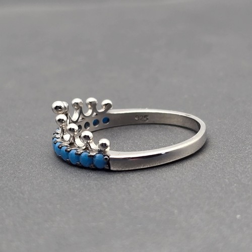 Sterling Silver 925 Synthetic Turquoise Crown Band Ring Size 8.5 Cutout Details - Picture 5 of 9