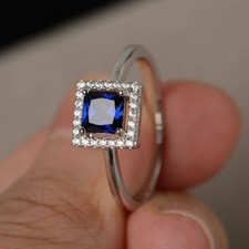 Princess Cut Simulated Sapphire Women's Wedding Halo Ring 14k White Gold Plated