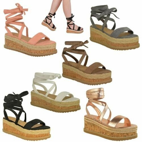 Mujer Plataforma Corcho Alpargatas Cuña Tobillo Cordones Zapatos Talla
