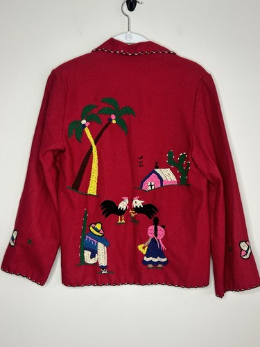 Vintage El Sarape Tlaxcalteca Mexican Scenery Red Wool Souvenir Tourist Jacket - Picture 6 of 7