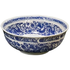 US Seller - Blue and White Porcelain Dragon Motif Oriental Basin