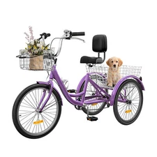 24" 3 Wheels Bike Trike Tricycle 7 Speed for Adult w/ Front & Rear Basket Purple