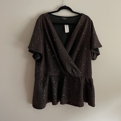 Lane Bryant 26/28 Sequin Metallic Stripe Flutter Sleeve V-Neck Peplum Top  NWT