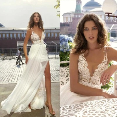 Brautkleid Hochzeitskleid V-Ausschnitt Spitze Aufkleber Weiß Ivory 38 40 42 - Bild 1 von 4