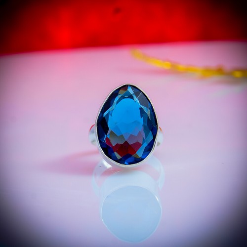 Bague Artisanale Argent 925 – Aigue-marine Bleue 41,50 Ct + Saphirs Jaunes