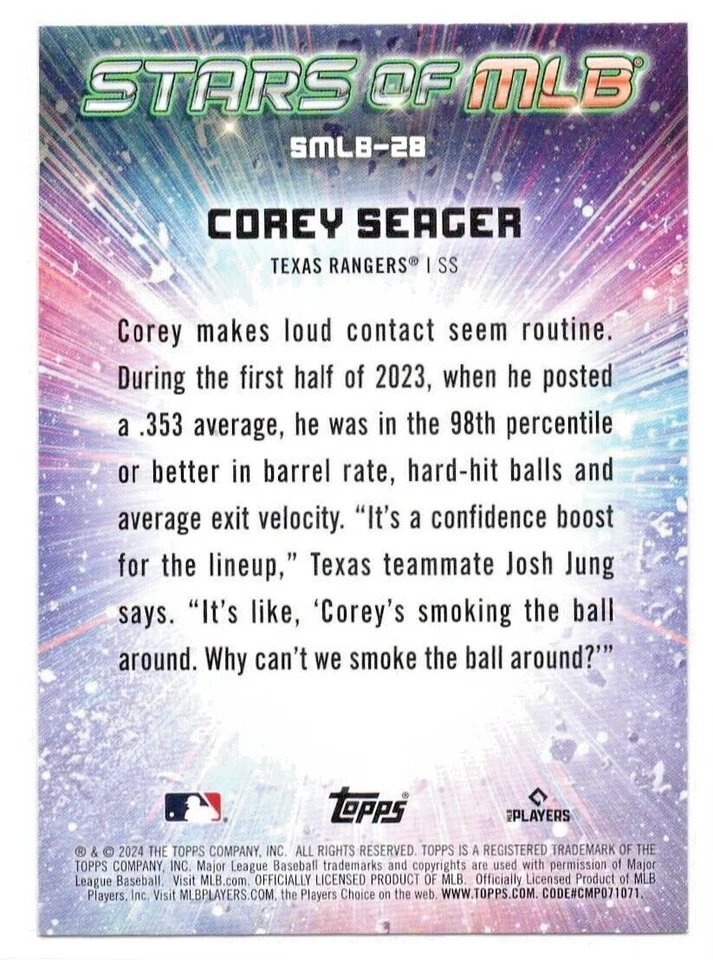 2024 Topps Series 1 Jazz Corey Seager Stars of MLB | SMLB-28 NM/MT - Image 2 of 2