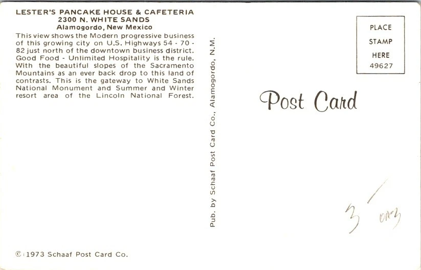 Postcard Lester's Pancake House Cafe Restaurant Alamogordo New Mexico NM    4308 - Image 2 of 2