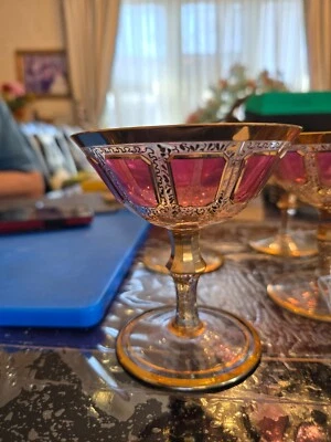 Moser Style Bohemian Cabochon Panel (5) Champagne Glasses Cranberry Pink & Gold