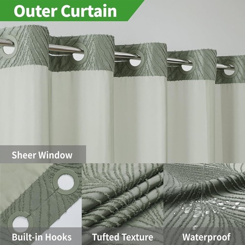 Stylish Sage Green Shower Curtain with Tufted Stripes and Snap-On Liner, 71Wx74H - Picture 5 of 9