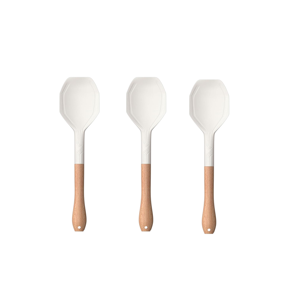 3 Spoons With Angled Design With White Silicone Heads And Coconut Wood Handles