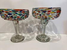 Set of 2 Hand blown Mexican Margarita Glasses Confetti  Mexican Glass