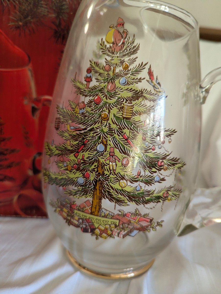 Spode Christmas Tree Glass Pitcher gold rim ice lip 10