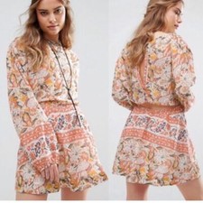 Free People Cut Away Silver Sun Print Mini Dress Washed Ivory Long Sleeve S