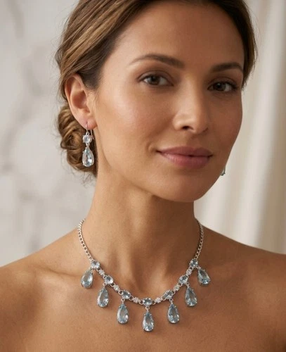 Blue Aquamarine Gemstone Teardrop Necklace And Earring  Handmade 925 Silver - product listing photo