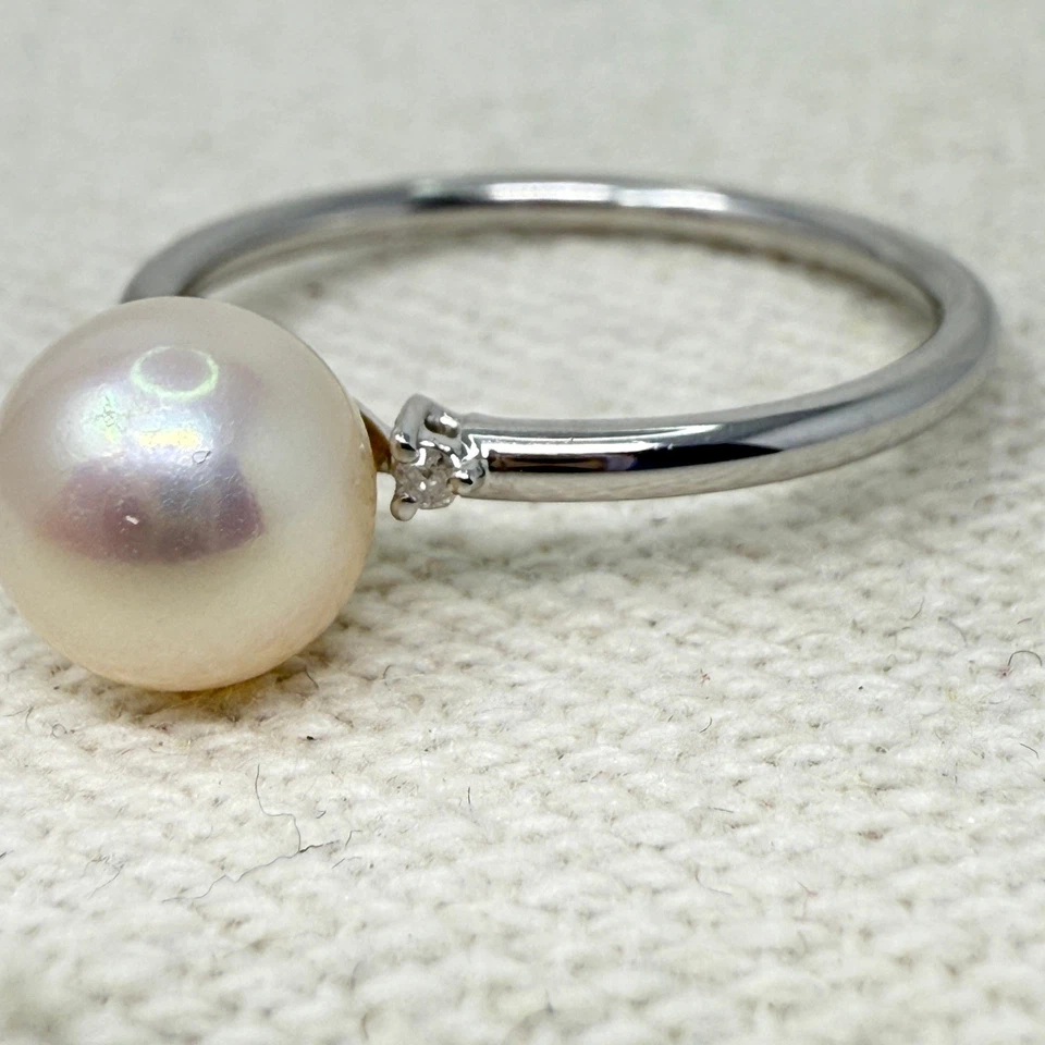 14k White Gold Pearl Ring Diamond Accents Size 7 Marked 585 - Image 4 of 4