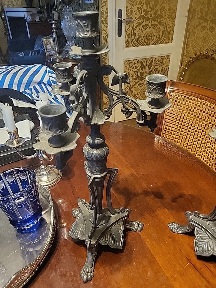 Ancien Chandelier Candélabre Tripode Regule Empire Palmette Retour D Egypte - Photo 2/4