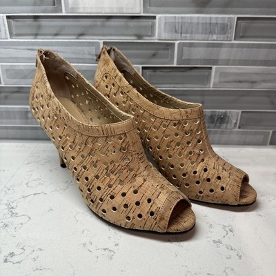 VANELI Shoes Womens Cut Out Cork Leather Pumps Peep Toe Zip Closure Shoes 9 M