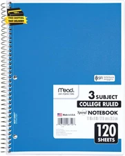 Spiral Notebook, 3 Subject, College Ruled Paper, 8" X 11", 120 Sheets, Color Wil