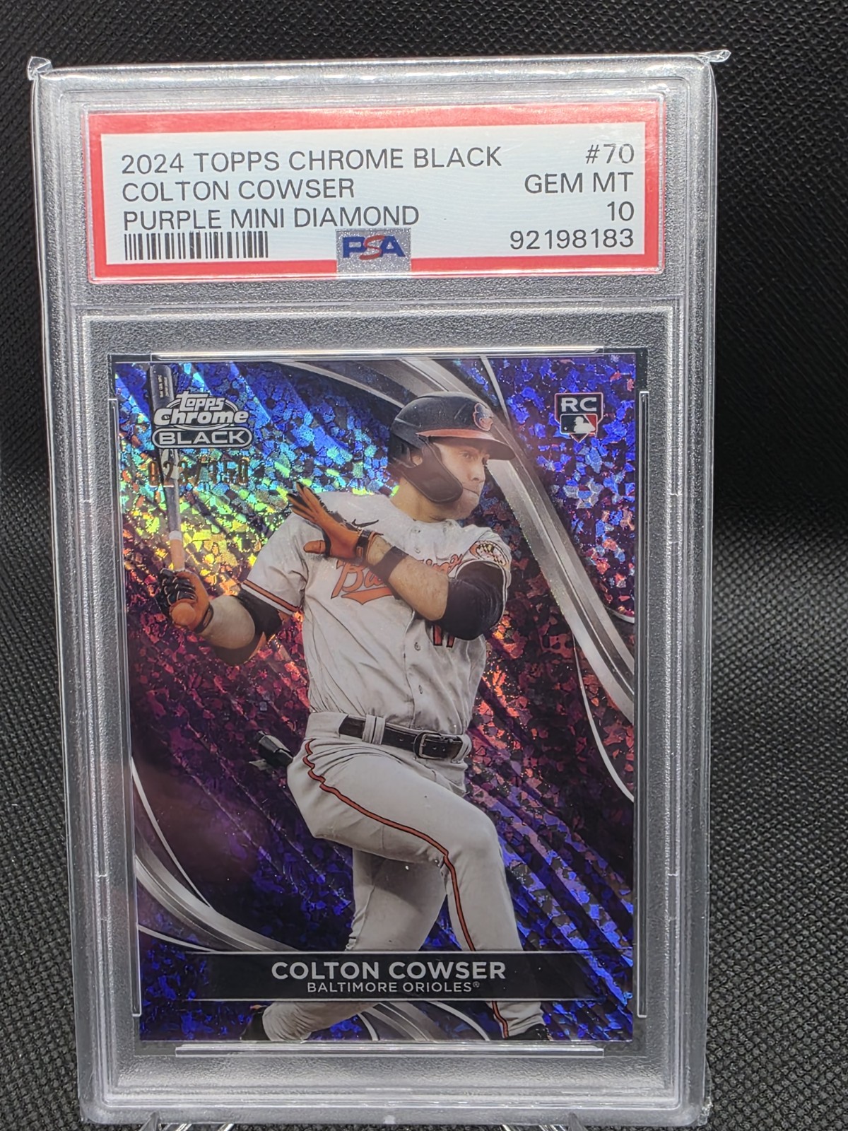 2024 TOPPS CHROME BLACK COLTON COWSER RC #70 PURPLE MINI DIAMOND /150 PSA 10