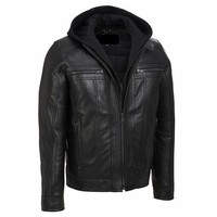Herren Slim Fit Biker Lederjacke Mit Kapuze Brando Style Motorradjacke
