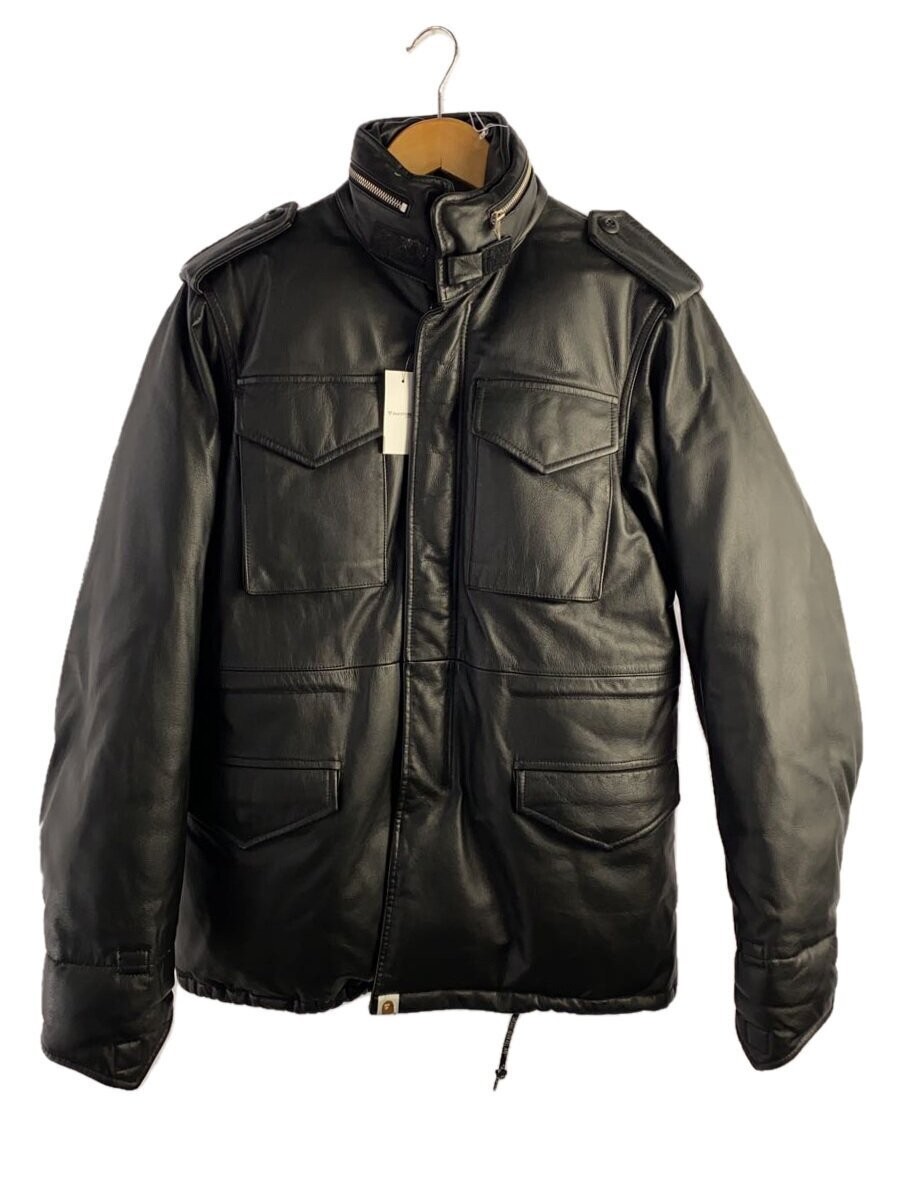 A BATHING APE Down jacket/S/Cowhide/BLK/Plain/Leather jacket