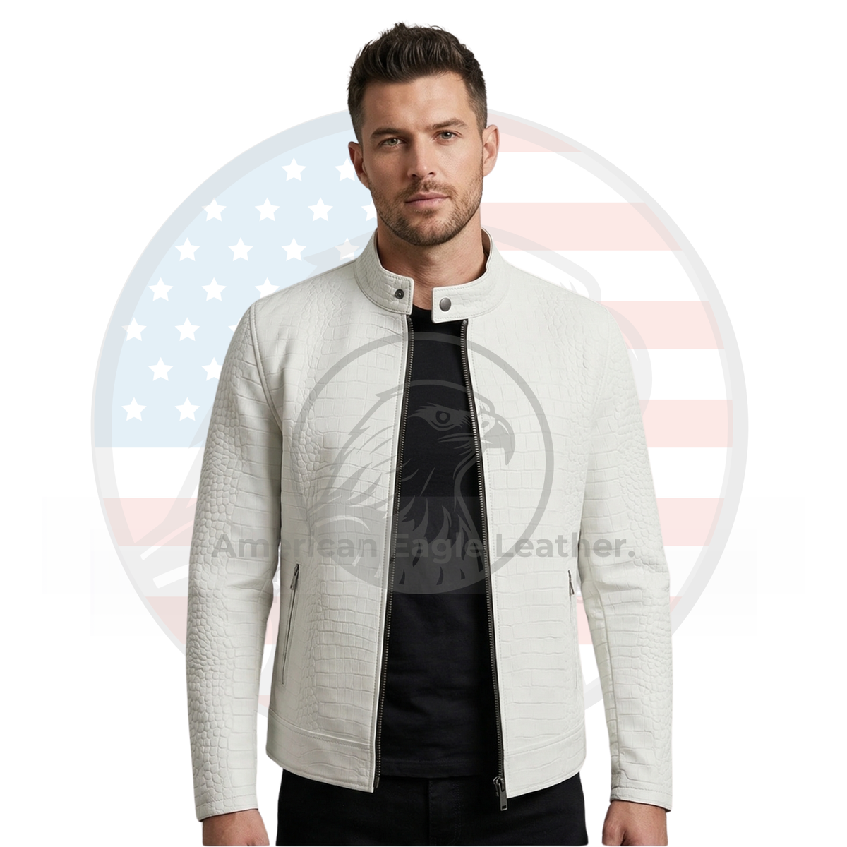 Men's White Crocodile Embossed Leather Jacket Biker Motorcycle