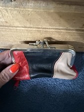 Vintage 70s 80s Colorblock Coin With Zipper Purse Faux Leather .Kiss Lock Clutch