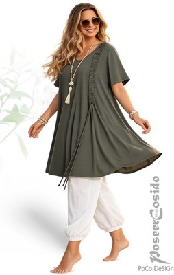LAGENLOOK PoCo Tunika Glocken-Long-Shirt oliv grün  44 46 48 50 52 54 56 58