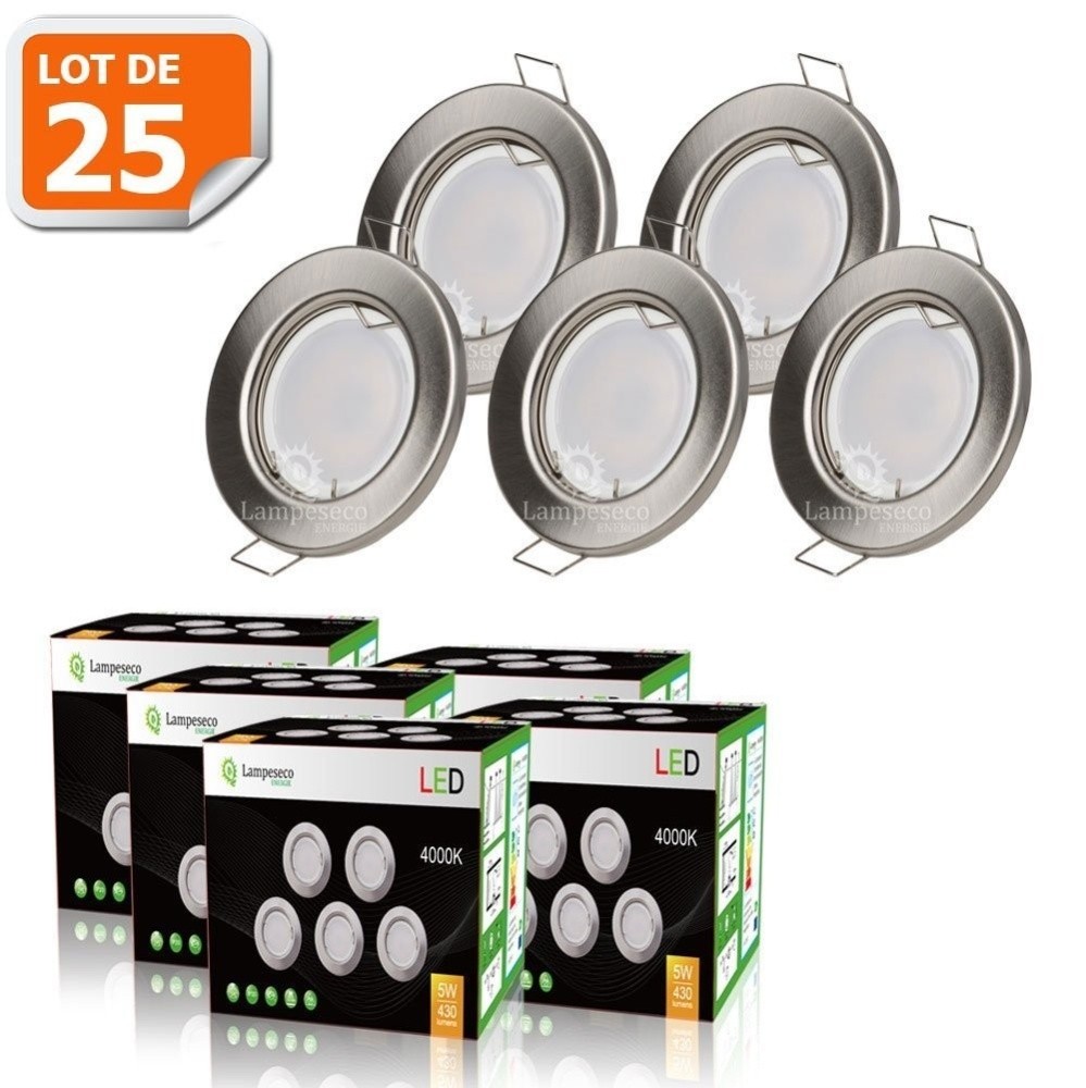 Spot LED encastrable rond fixe en alu brossé blanc neutre, finition premium lot de 25