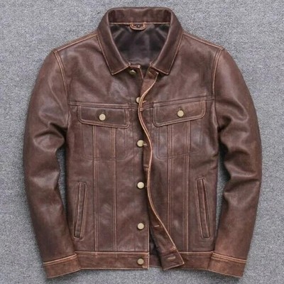 Men's Real cowhide Distressed Leather Trucker Jacket Levi's Style Bikers Jacket