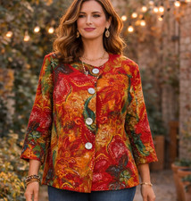 Chicos Womens Artsy Boho Chic Utopian Flower Amalia Jacket Size Medium Whimsical