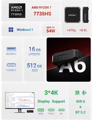 Firebat A6 Mini PC AMD R7 7735HS 8-core 16-thread Computer 16GB
