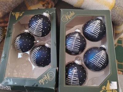7 Krebs Glass Ornaments Dark Blue W/ Christmas Trees