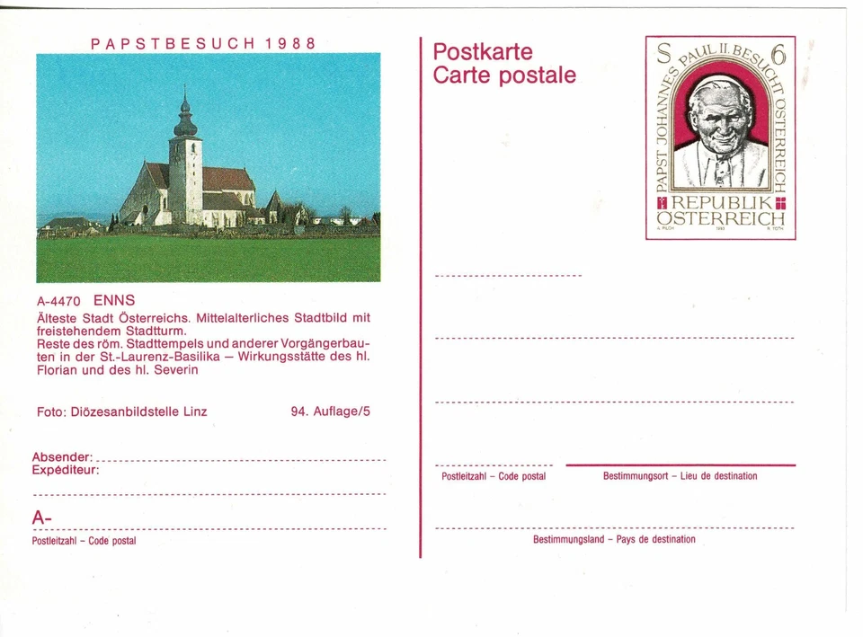 Österreich 1988 Stationery Postcard unused Ganz Bildpostk Papst Johannes Paul II - Bild 1 von 1