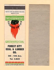 FOREST CITY COAL & LUMBER CO { GREEN MARKED COAL }{ TEL 5-0525 } MATCHBOOK COVER
