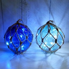 LED Glaskugeln blaue maritime Fischerkugel Leuchtkugel Sisal Taue Ø 12 cm