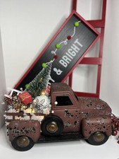VINTAGE BIG RED METAL TRUCK W/Large Christmas Tree  Accessories-Farmhouse Decor