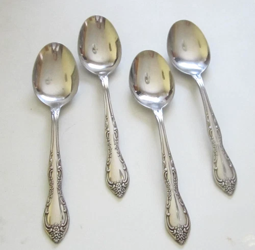4 Oneida BOURBON /Hapsburg  SOUP SPOONS  Stainless, Glossy 6 7/8"