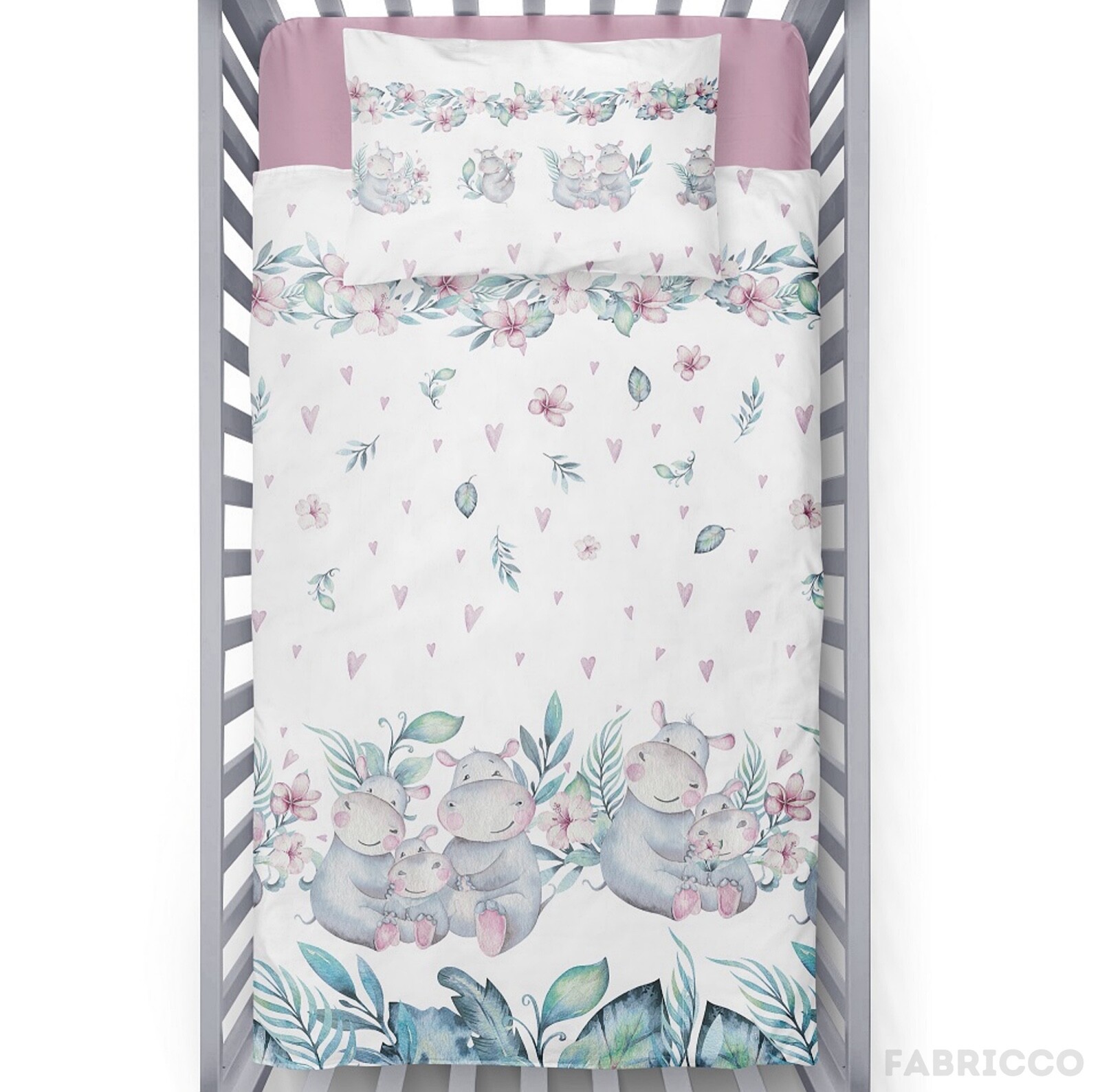 SET LENZUOLA IPPOPOTAMO, BAMBINA, LENZUOLO ADERENTE, ROSA PASTELLO VERDE PURO COTONE