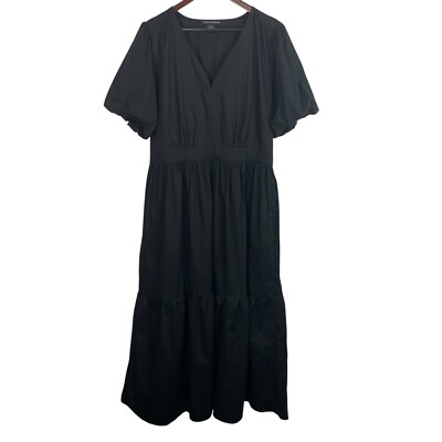 French Connection Size XL Black Poplin V Neck Puff Short Sleeve Maxi Dress New